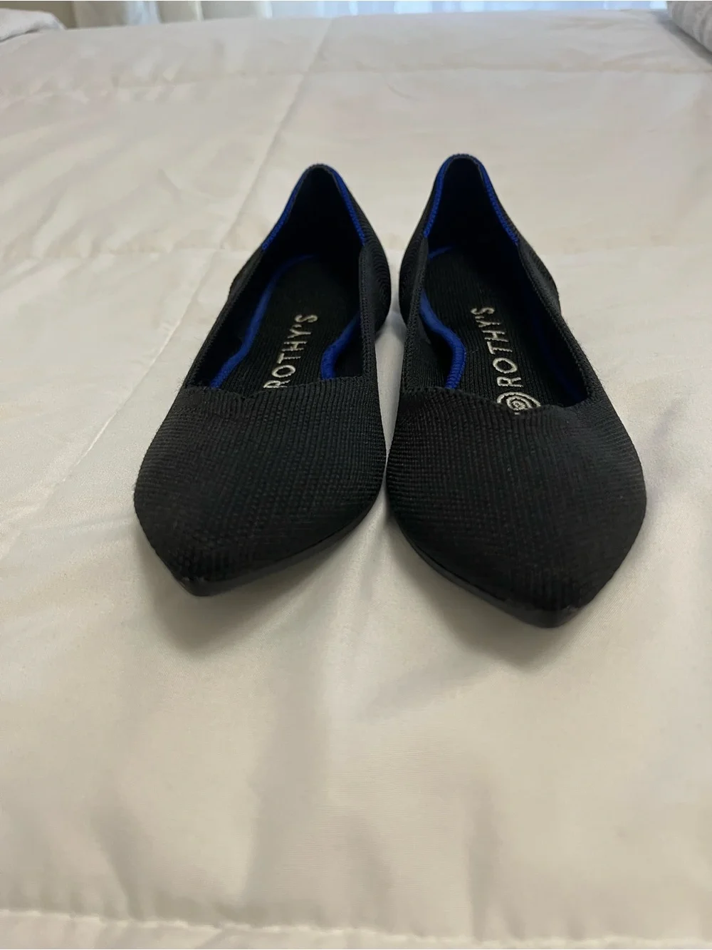 Rothy's Black Pointed-Toe Knit Flats with Blue Trim